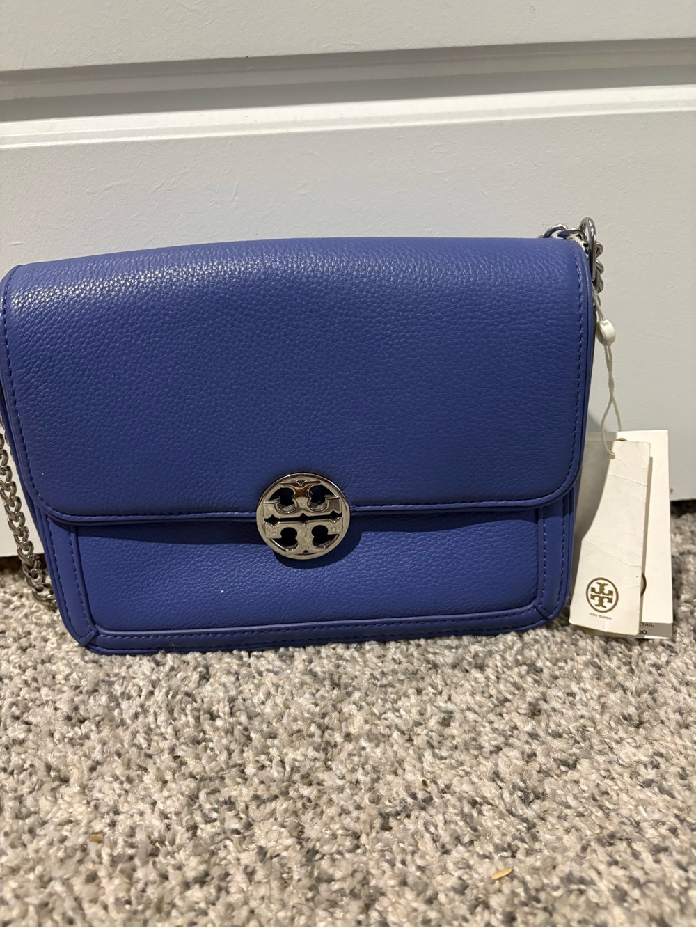 Tory Burch Cobalt Blue Pebbled Leather Crossbody with Logo Medallion
